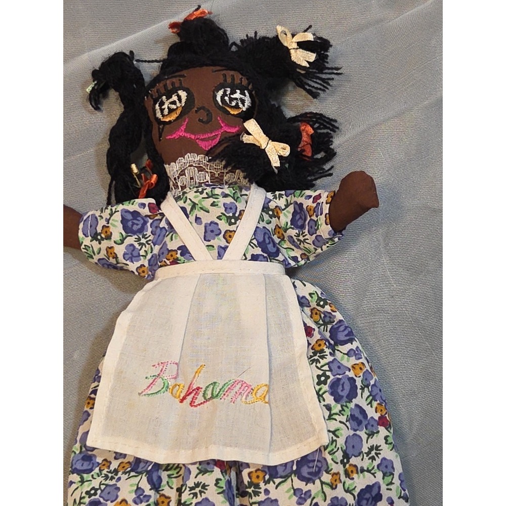Bahamas Souvenir Handmade Cloth 10" Black Rag Doll Yarn‎ Hair